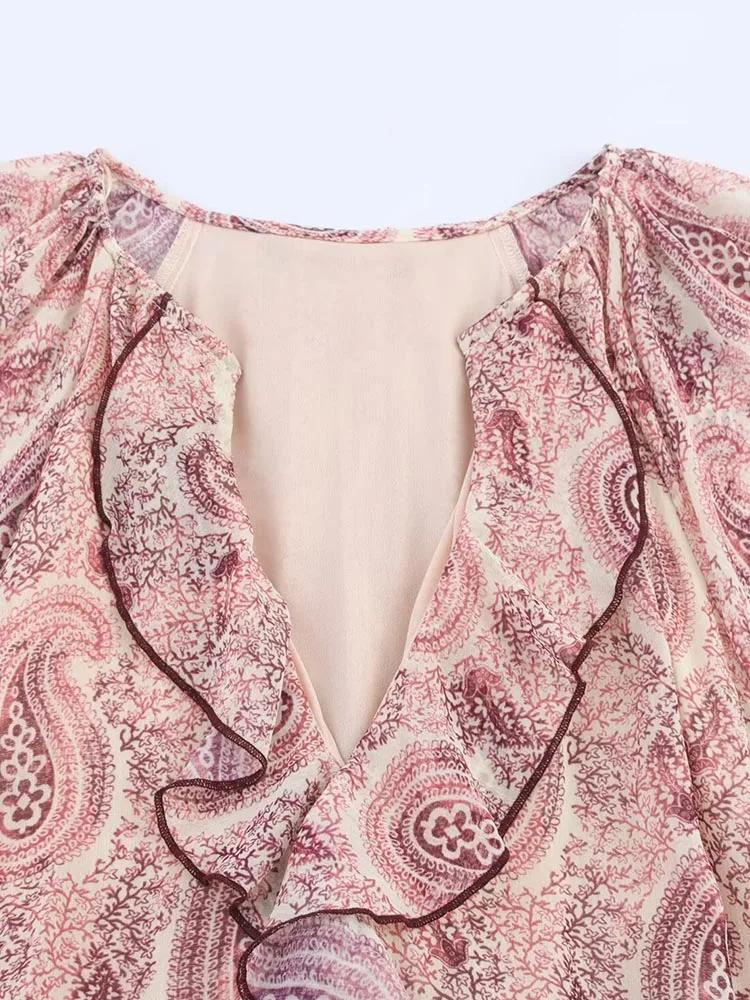 Robe MIDI d'été en mousseline de soie pour femmes, imprimé Vintage, col en v, volants en cascade, ma