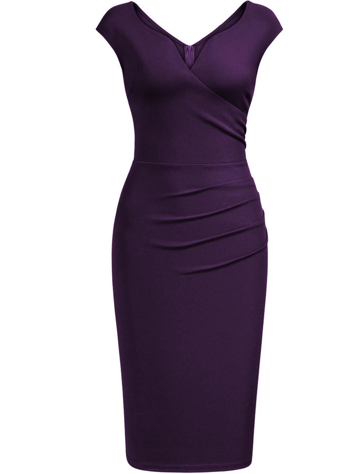Robe fourreau élégante pour femme, à manches courtes, col en V, froncée, longueur genou, pour cockta