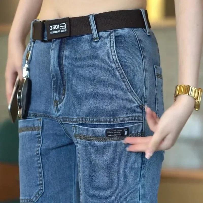 Jeans pour homme à six poches, fins, pour le printemps et l'été, coupe droite élastique, décontracté