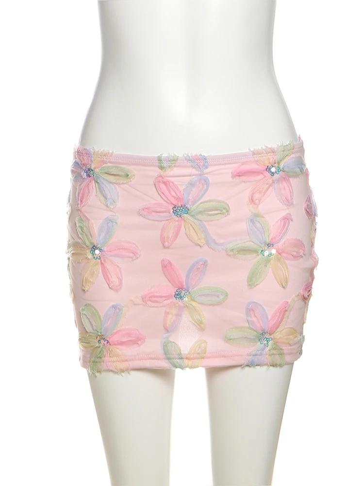 Bizarre Puss Coloré Fleurs Jupes Femmes Paillettes Patchwork Maille Tendance D'été Doux Street Party