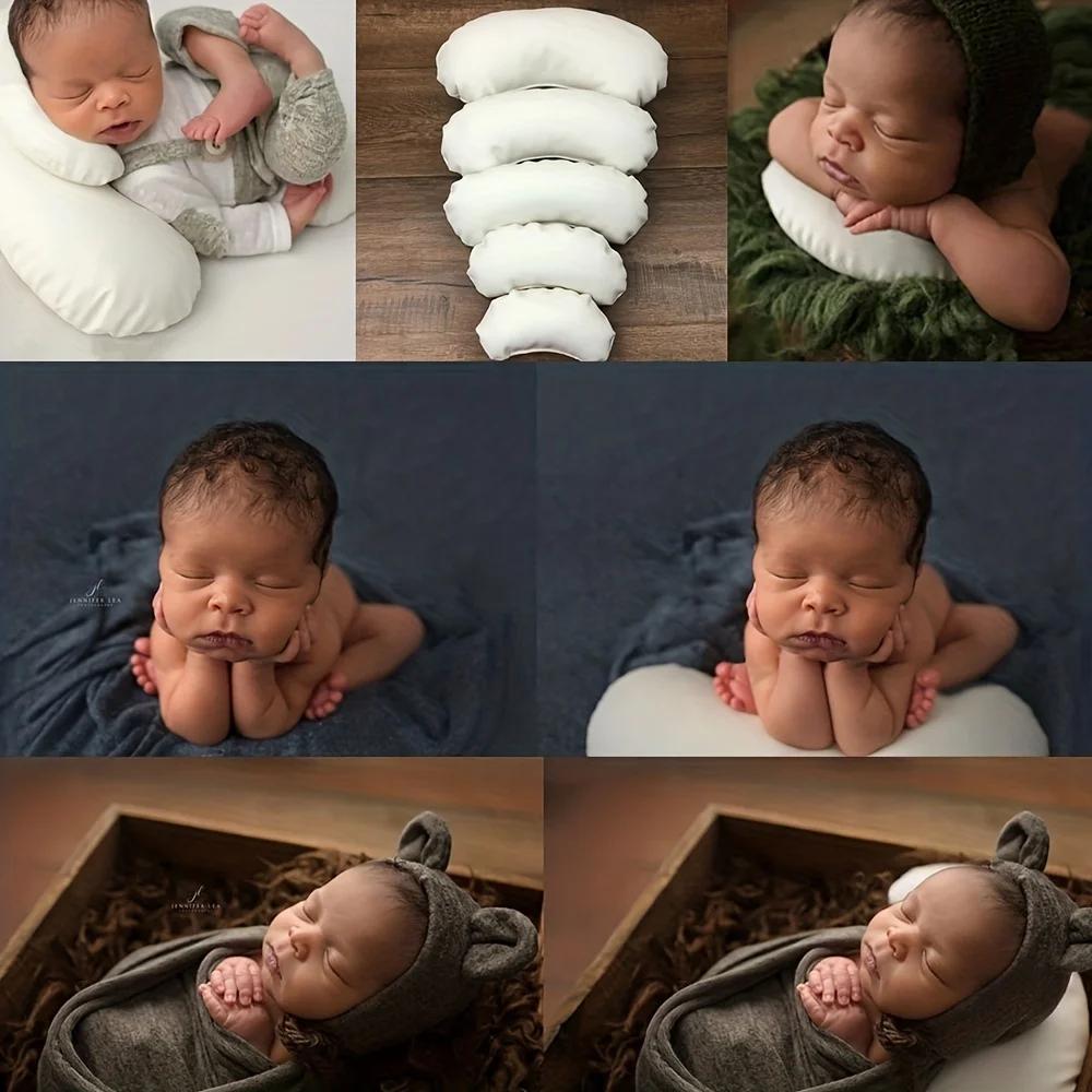 Kit 5 pièces accessoires photo nouveau-né - Oreillers haricots croissant remplissages panier pose bébé
