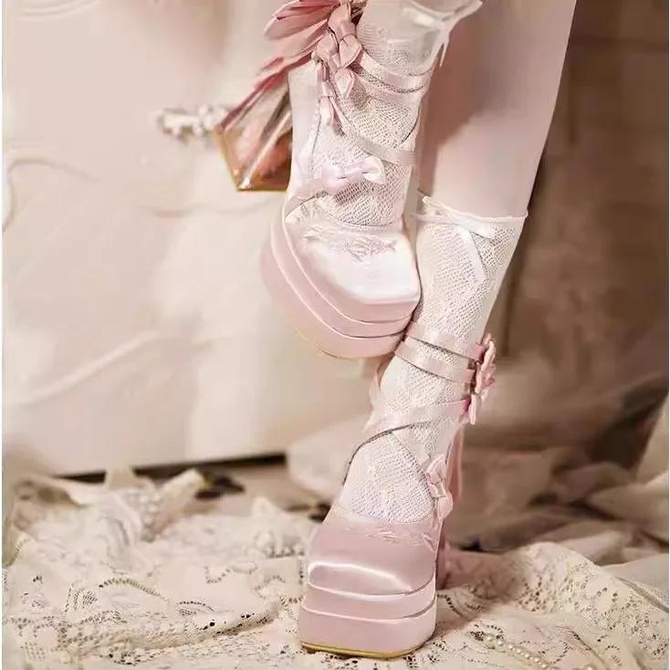 Kawaii 2025 nouveau Original Lolita talons hauts douce fille Satin nœud ruban élégant Mary Jane chau