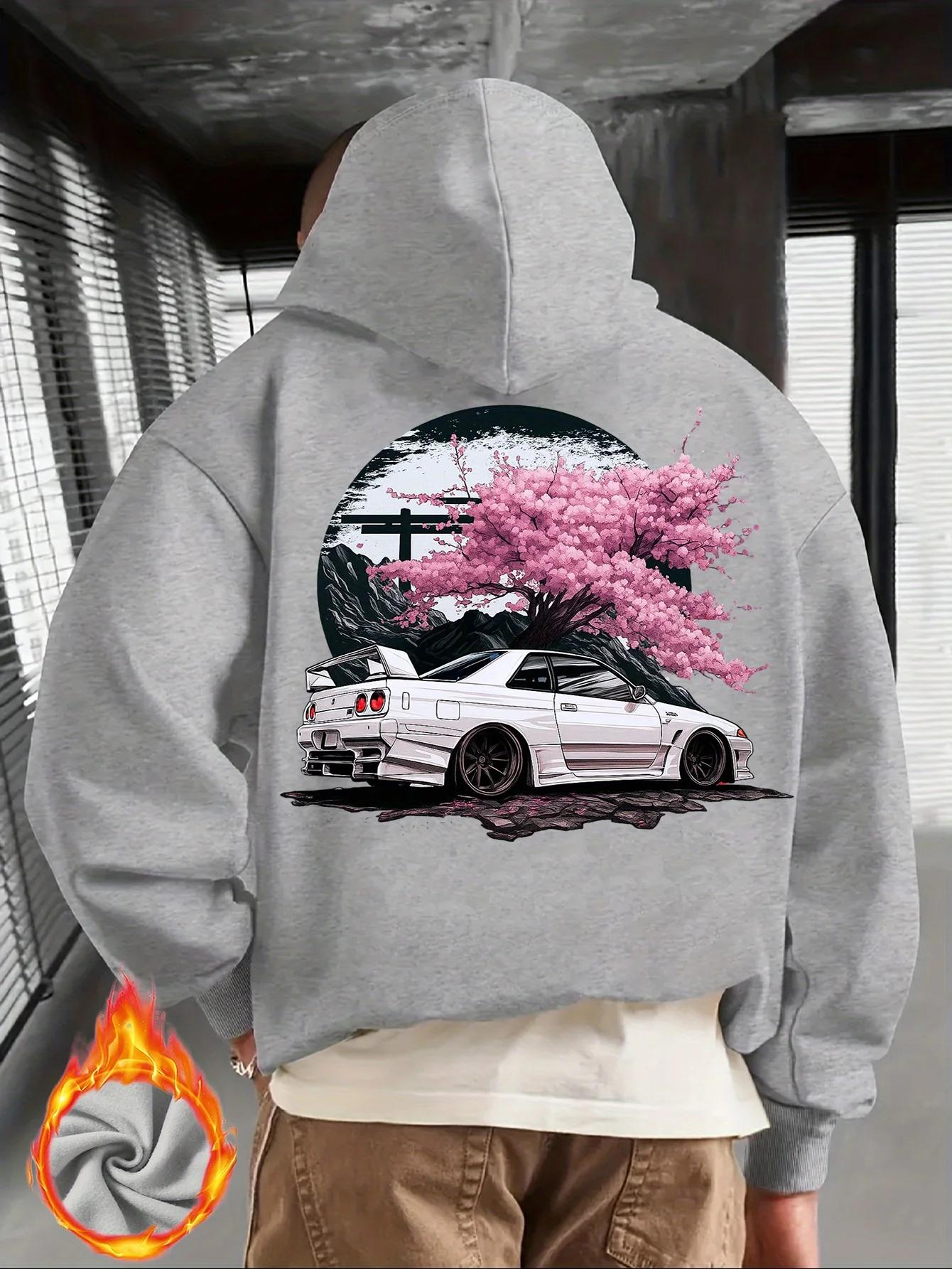 Sweat à capuche noir pour hommes avec voiture JDM blanche et imprimé dos de fleur de cerisier rose, 