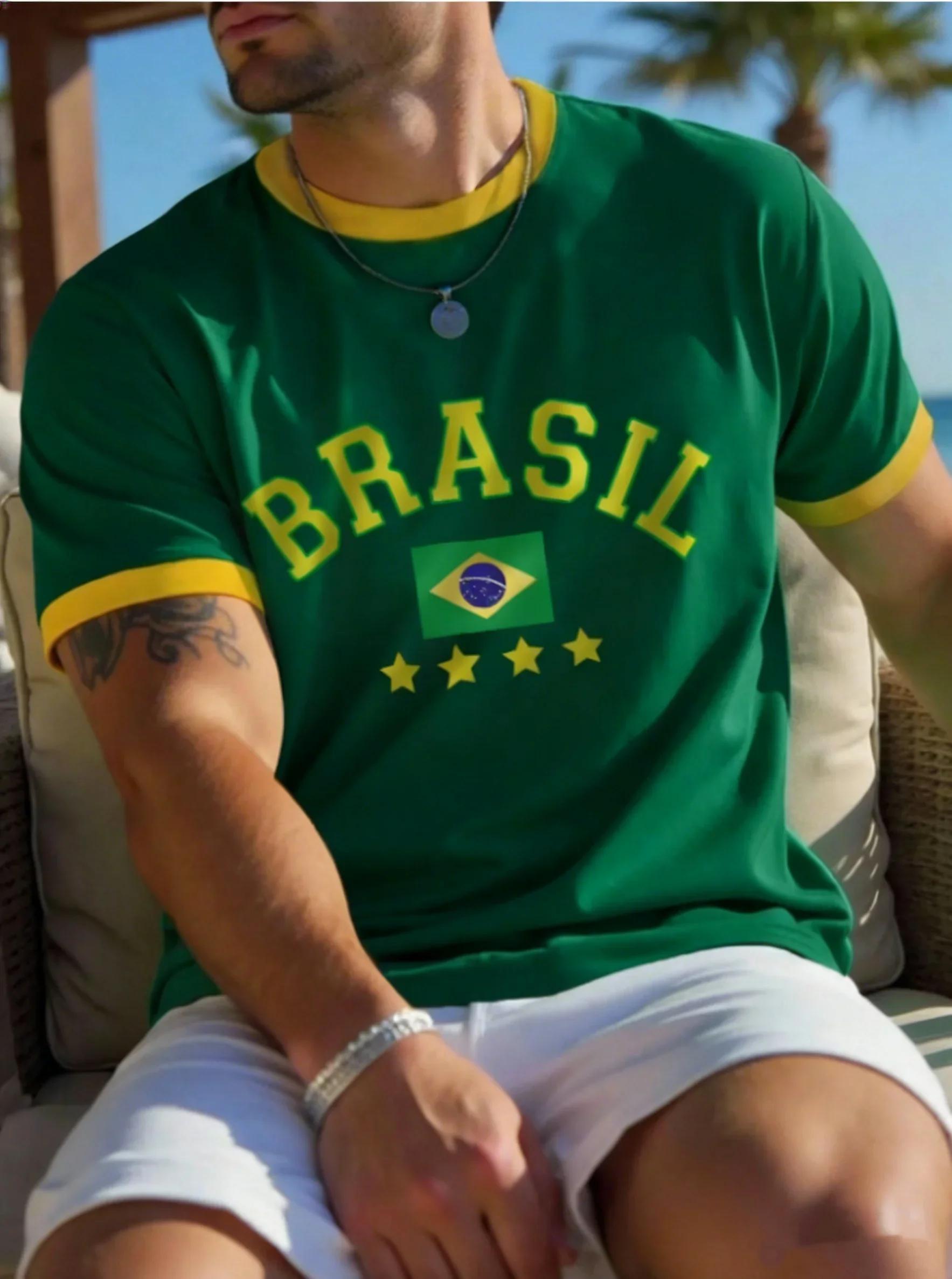 T-shirt d'été pour hommes, imprimé drapeau national du brésil en 3D, haut à manches courtes, col ron