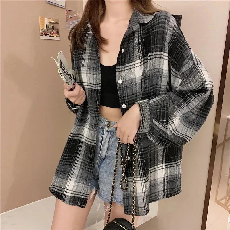 Chemise à carreaux femmes automne à manches longues haut femme simple boutonnage Blouse dames Style 