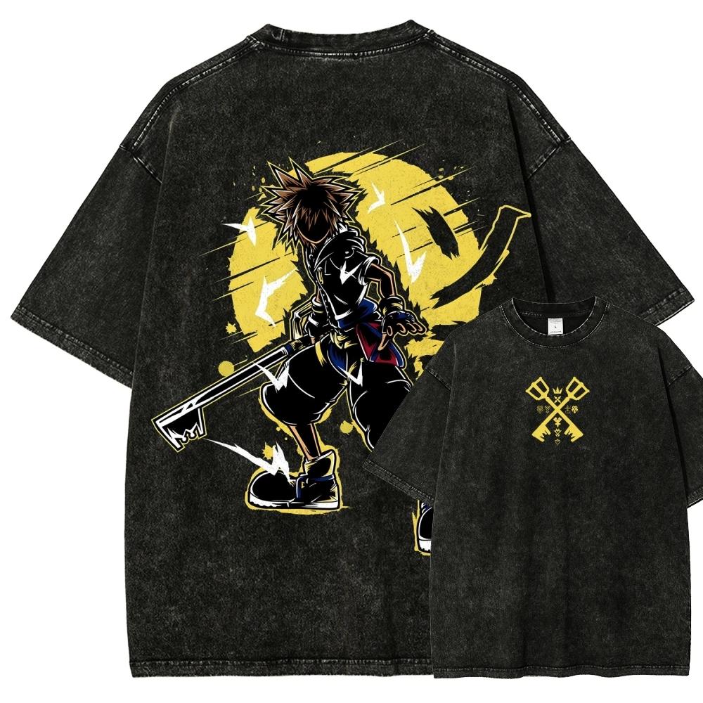 T-shirt délavé Kingdom Hearts, vêtements pour toute l'année, vêtements de caractère, grande taille, 