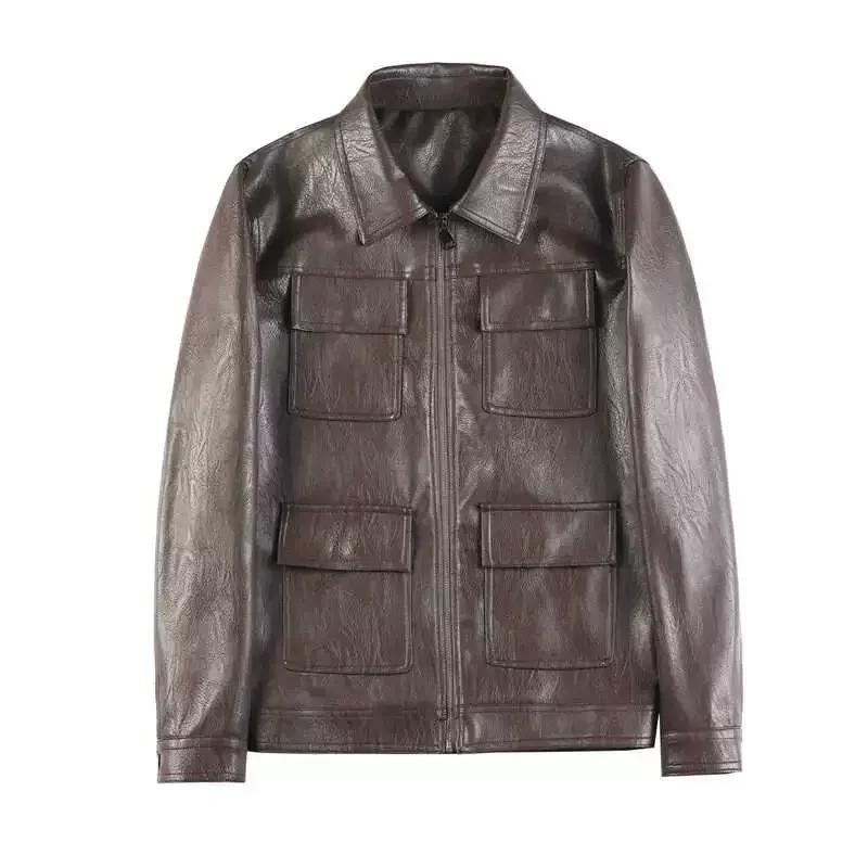 Veste en similicuir PU de haute qualité, mode, conception multi-poches, CombMan, Vintage Business, S