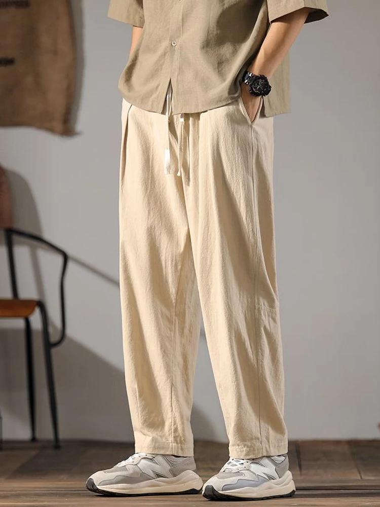 ENESE − Pantalon en coton et lin pour hommes, survêtement, coupe droite, décontracté, à jambes large