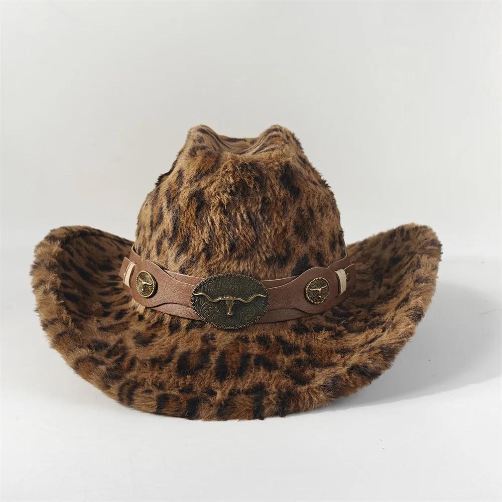 Chapeau de cowboy en fourrure de lapin imprimé léopard 7,5 cm Fedora de cowboy occidental pour homme