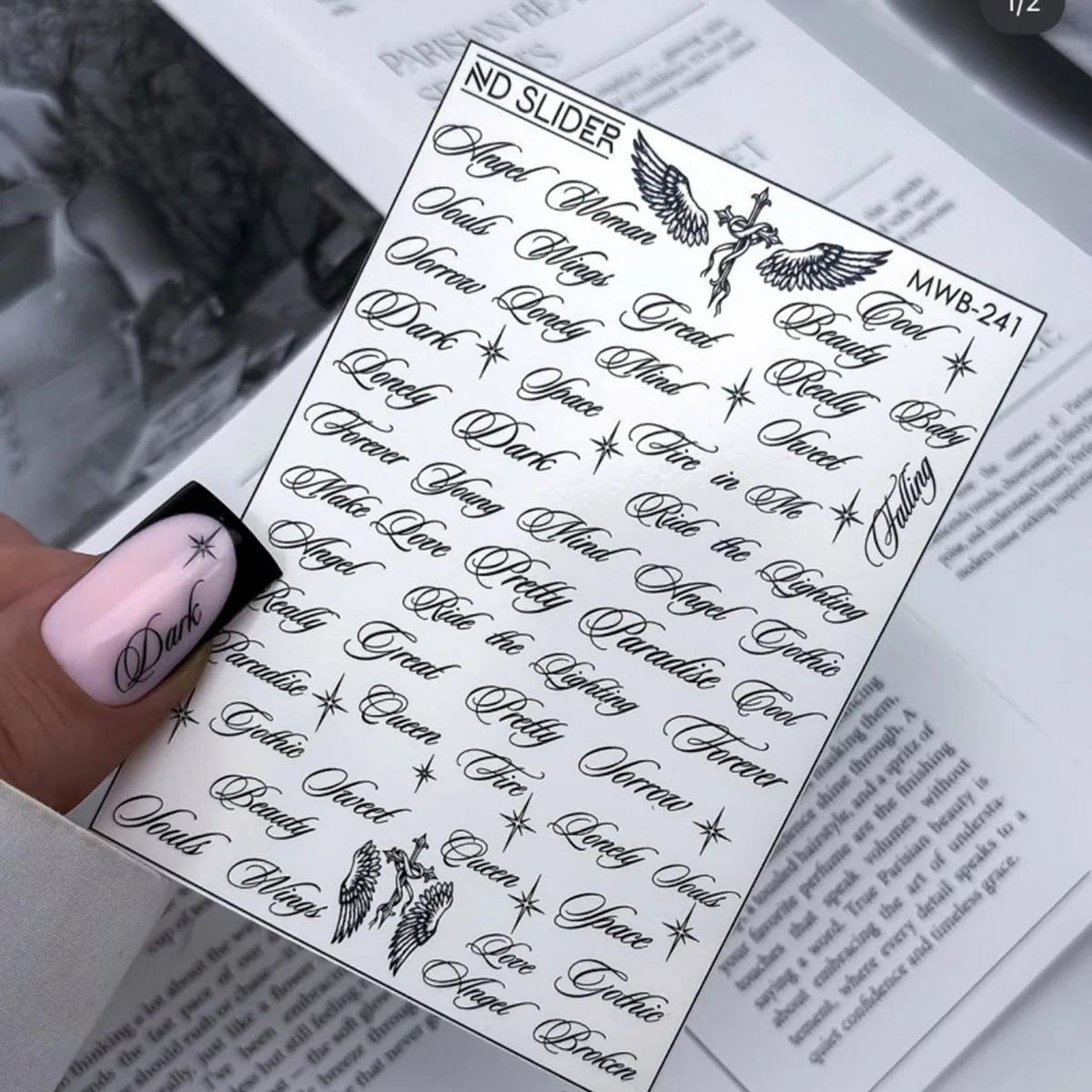 Autocollants pour ongles avec lettres noires et blanches, motifs d'ailes d'ange, designs mixtes, aut