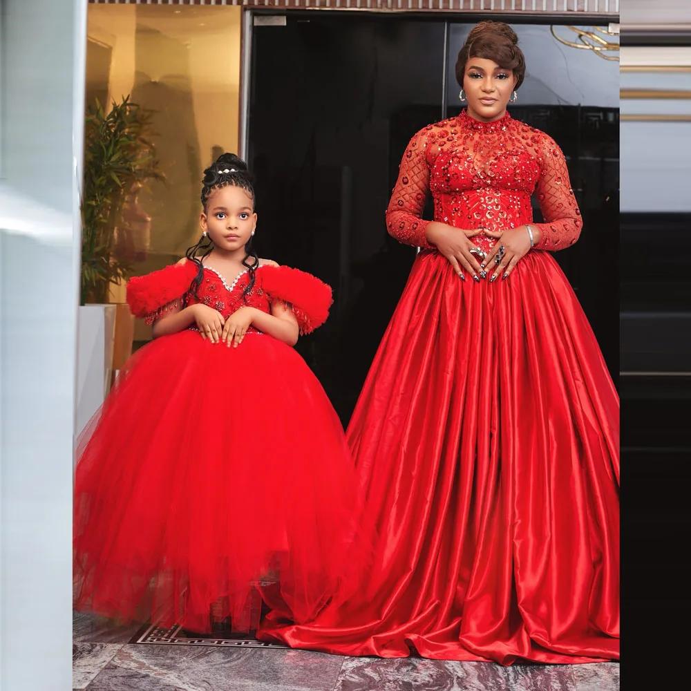 Robe mère et fille rouge de noël, avec perles et cristaux, robes d'anniversaire de luxe pour maman e