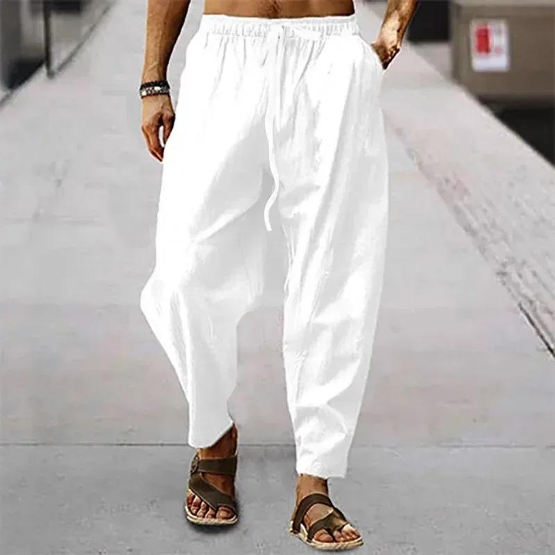 Nouveaux hommes coton lin pantalon été et automne solide taille haute pantalon à jambes larges mâle 