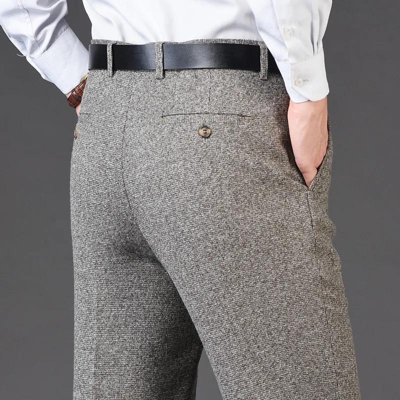Pantalon de costume plat en cachemire pour hommes, ample, à carreaux, taille haute, classique, droit