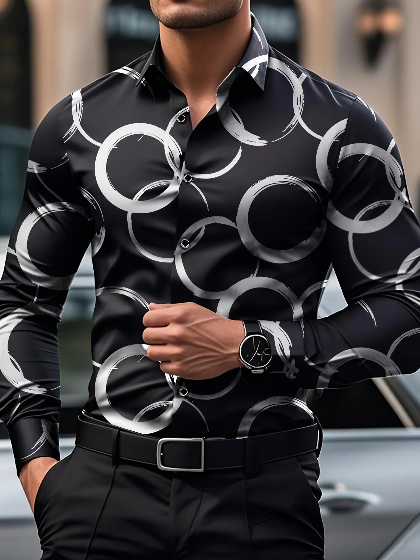 Chemise élégante à manches longues pour hommes à imprimé géométrique, chemise boutonnée décontractée