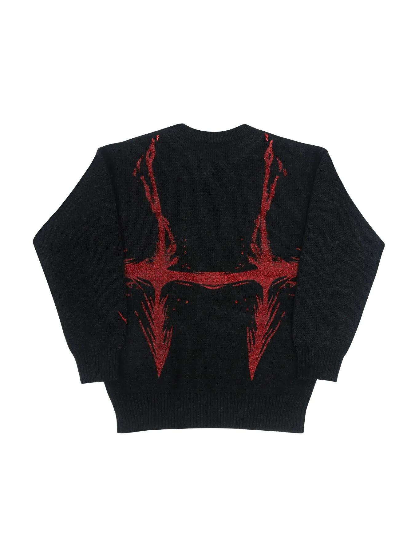 Pull en tricot graphique noir et rouge pour hommes, col rond, surdimensionné, décontracté, manches l