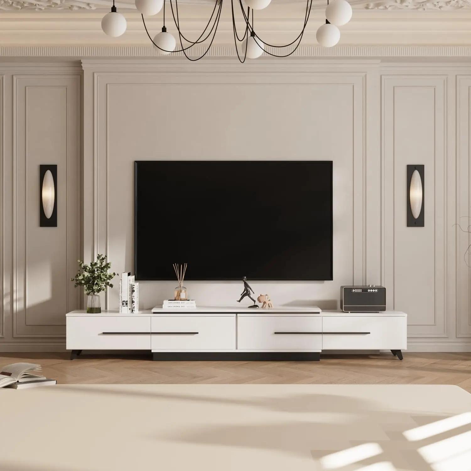 Meuble TV réglable en longueur et en forme, console multimédia 100 pouces, 4 tiroirs, 2 étagères, sa
