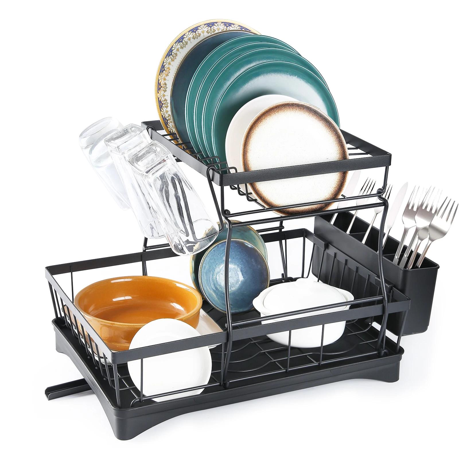 Support de rangement de cuisine, égouttoir à vaisselle à 2 niveaux avec bac d'égouttage et tapis d'é