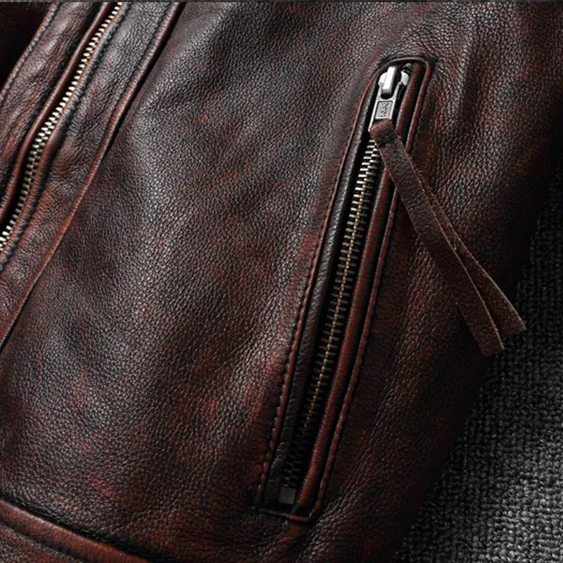 Veste en cuir de vache surdimensionnée, couche supérieure, rouge-marron, Style moto rétro américain,