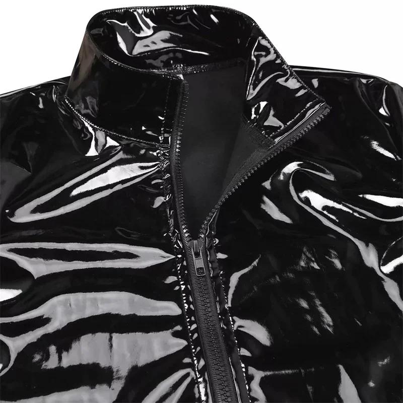 Nouveaux hommes Cardigan à fermeture éclair col montant chemise PVC brillant en cuir verni Sexy serr