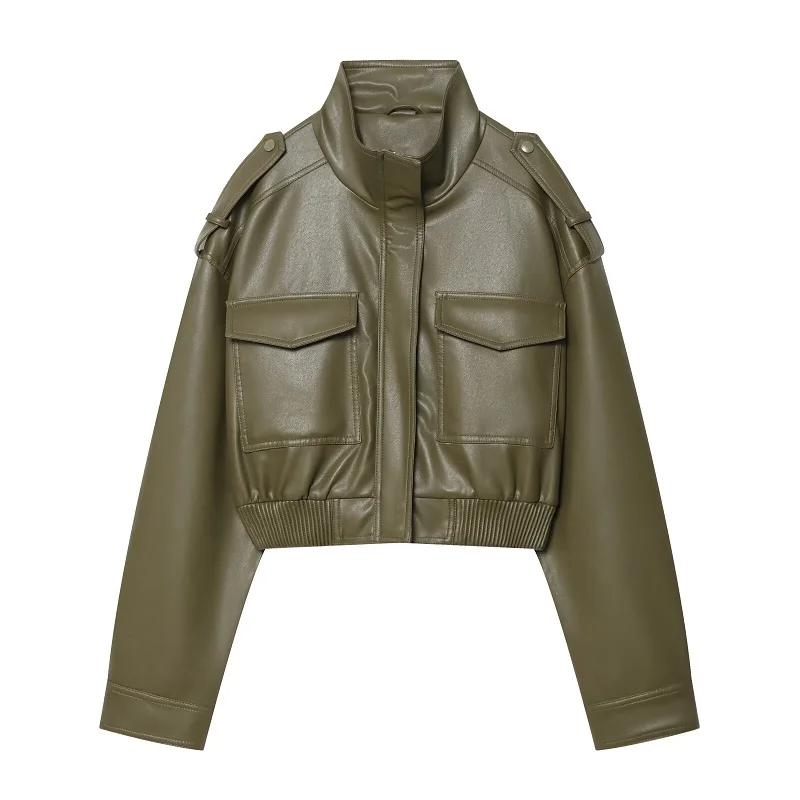 MUJER Faux cuir recadrée veste femmes Bomber Demi-saison vestes pour femmes à manches longues femmes