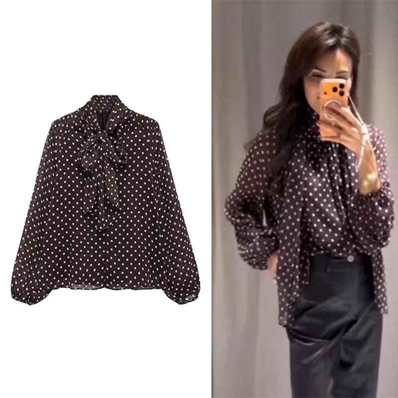 Chemisier Femme Imprimé Pois Nouvelle Collection Printemps 2026 – Blouse Élégante à Nœud Papillon et