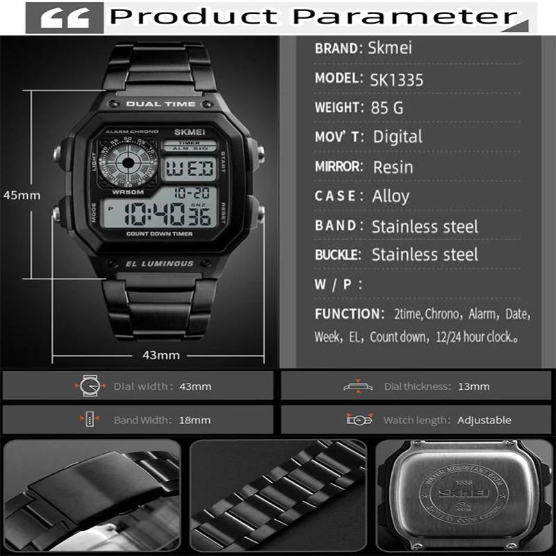 Skmei-Montre-bracelet de sport numérique pour homme, bracelet en acier inoxydable, chronographe LED,