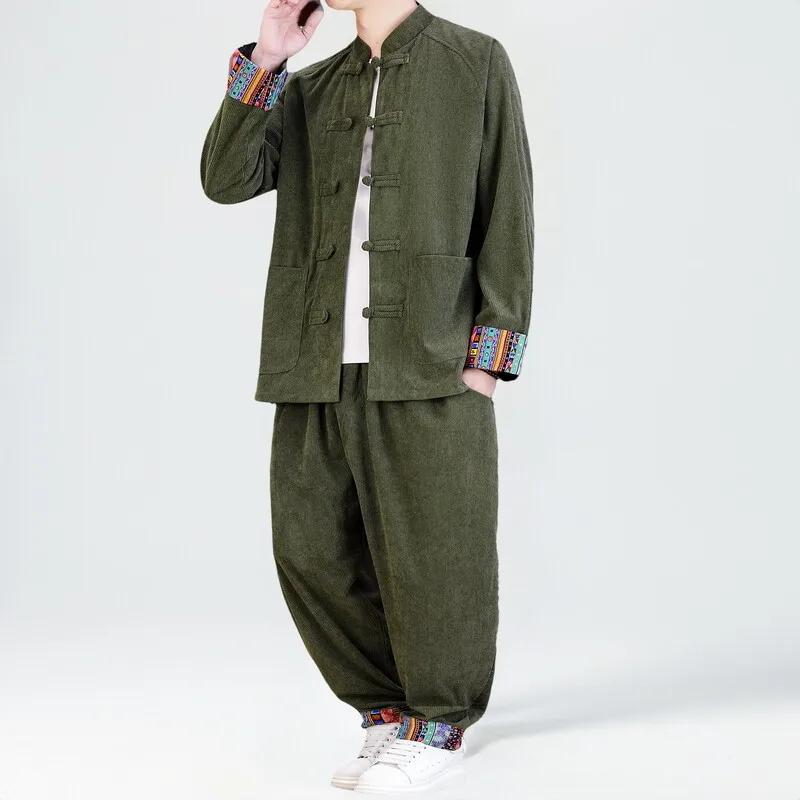 2025 hommes Style chinois rétro Tang costume hommes Patchwork velours côtelé ensemble imprimé Hanfu 