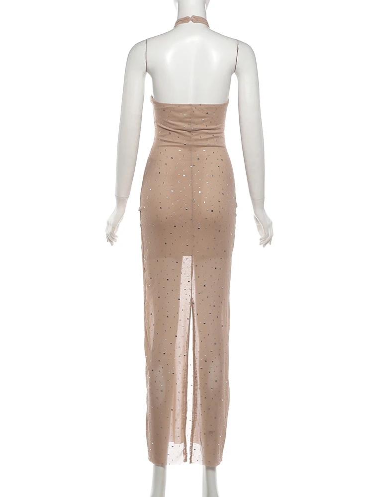 Robe de soirée sexy Kliou pour femme, décoration en faux diamants, col rond, épaules dénudées, taill