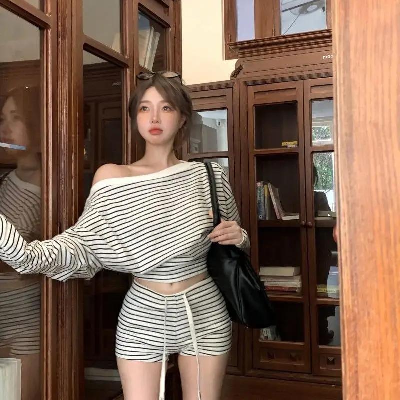 INS mode doux rayures épaule oblique à manches longues taille T-shirt femmes printemps été taille ha