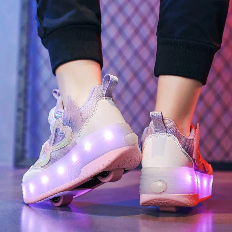 Chaussures de patins à roulettes légères Led pour enfants, baskets d'extérieur à la mode avec poulie