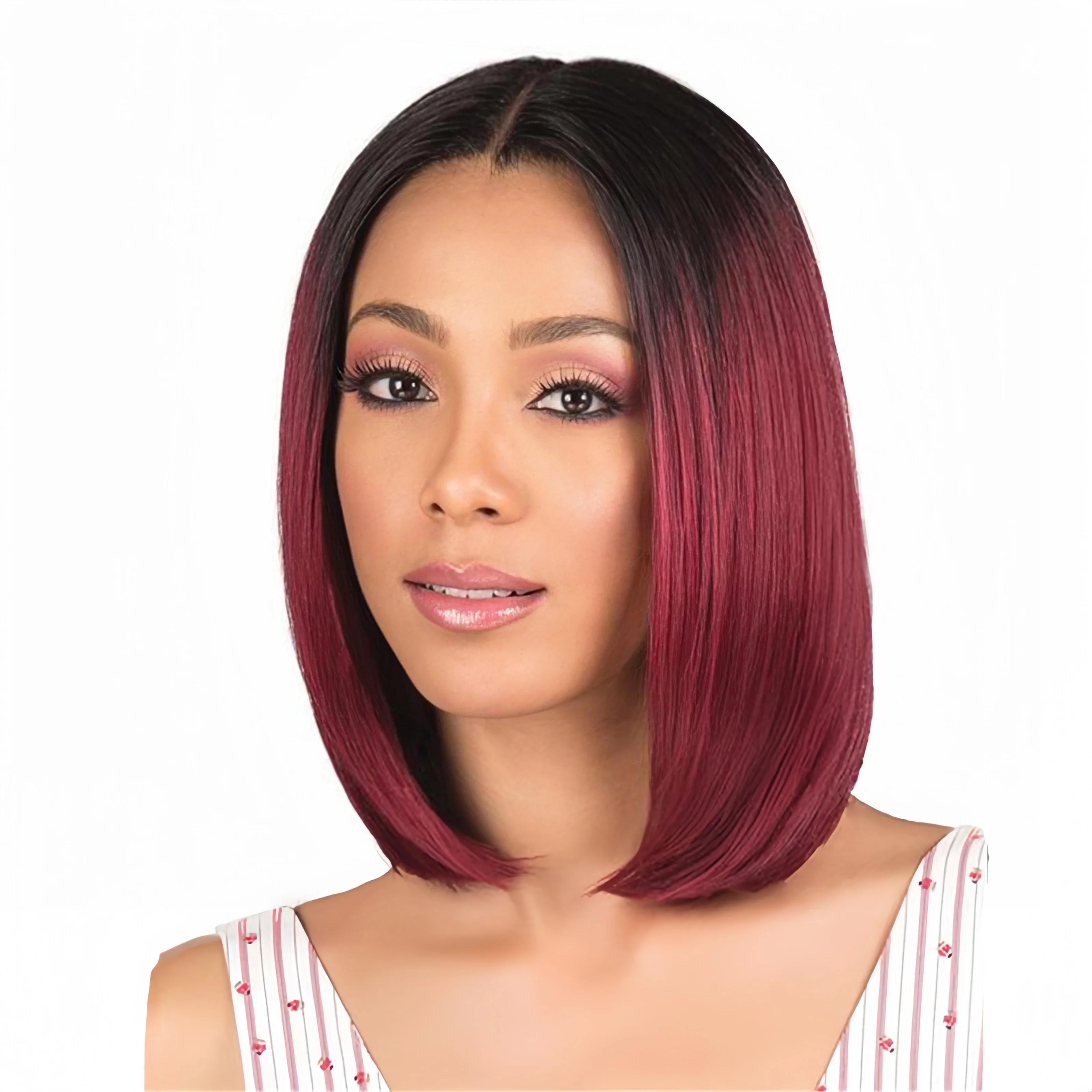 Mode européenne et américaine teint bobo perruque femme cheveux courts raides noir dégradé vin rouge