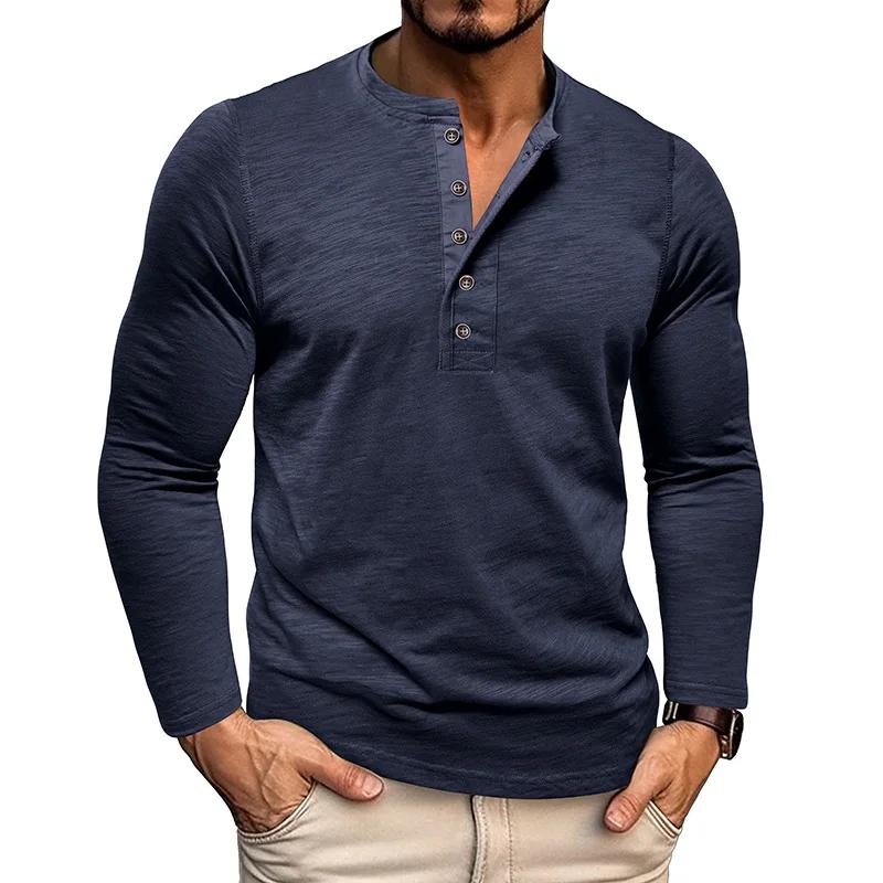 Nouveau automne T-Shirt à manches longues hommes décontracté dessus de couleur unie col Henley mince