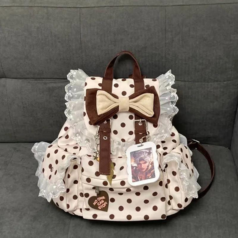 Sac à dos Preppy à pois avec nœud décoratif en dentelle, plusieurs poches, grande capacité, sac simp