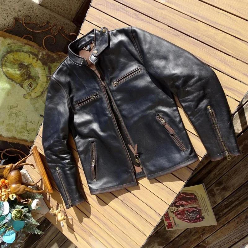 Veste en cuir de style vintage rétro noir pour hommes, manteau en cuir véritable, peau de cheval nat