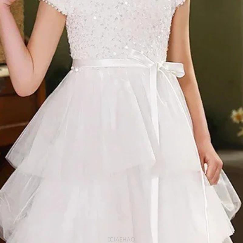 Robe de mariée blanche pour filles, robes de gâteau pour enfants, robe de princesse de fête d'annive