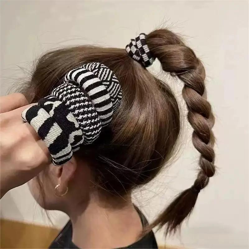 Élastique à cheveux épais rayé noir et blanc - Corde à cheveux sans couture à haute élasticité, acce