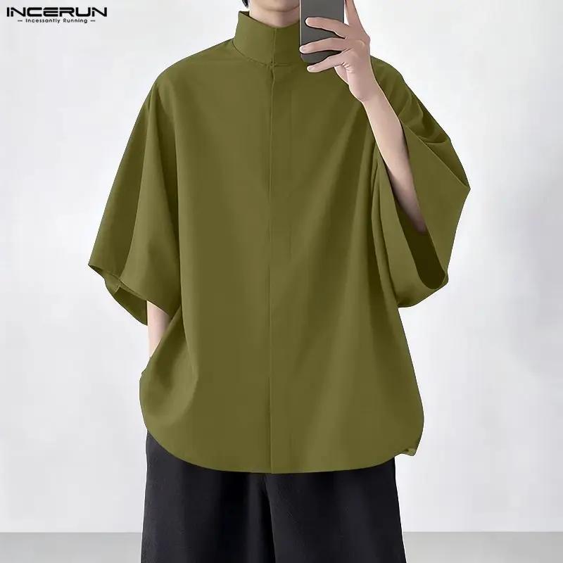 INCERUN hommes chemise solide col montant à manches courtes hommes vêtements en vrac Style coréen St