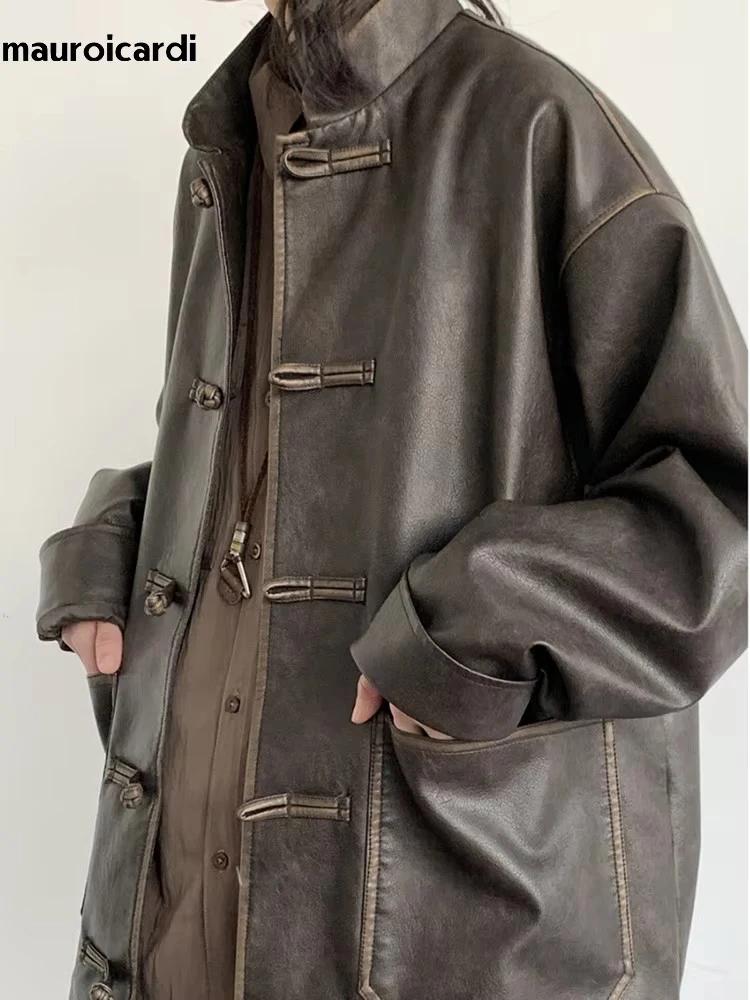 Mauroicardi-Veste en cuir PU vintage pour homme, design de luxe élégant, vêtements de style chinois,