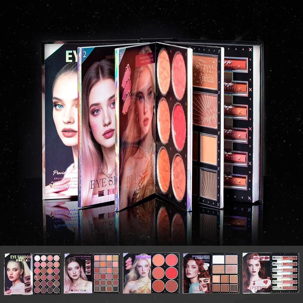 livre magique de maquillage, y compris ombre à paupières, brillant à lèvres, fard à joues en poudre,