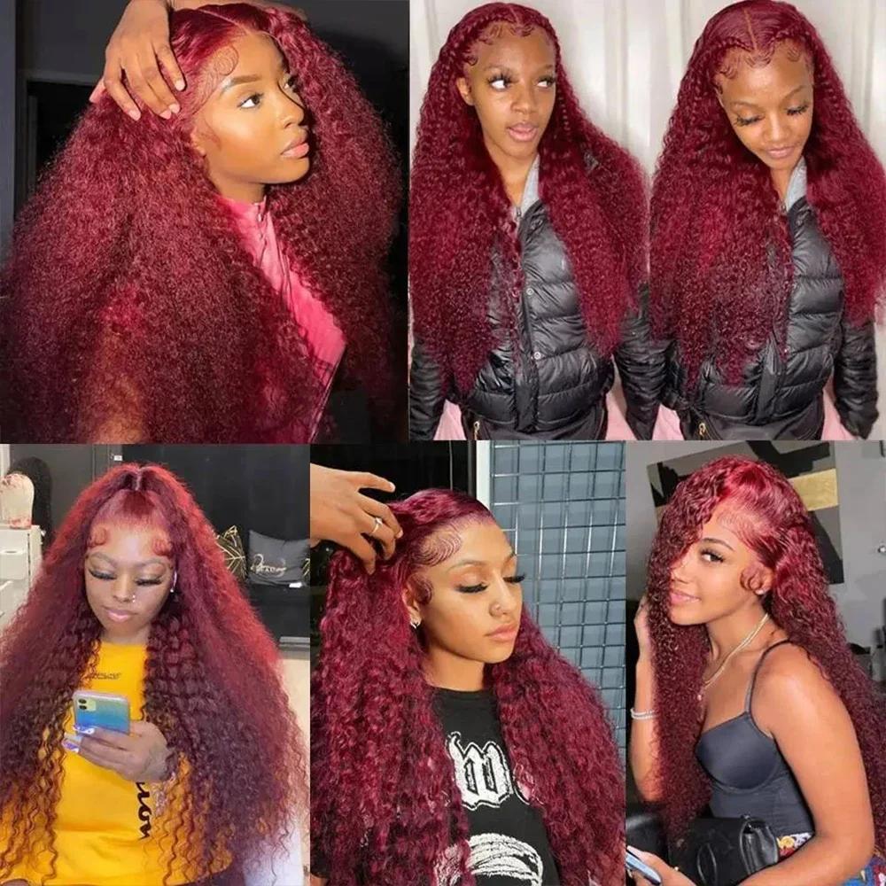 Perruque Lace Front Wig Deep Wave Naturelle Bouclée Rouge Bordeaux 99J, 13x4, Pre-Plucked, Densité 1