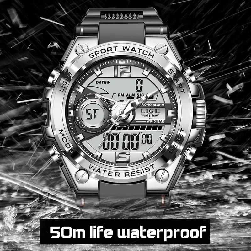 LIGE numérique hommes montre militaire 50m étanche montre-bracelet LED Quartz horloge Sport montre m