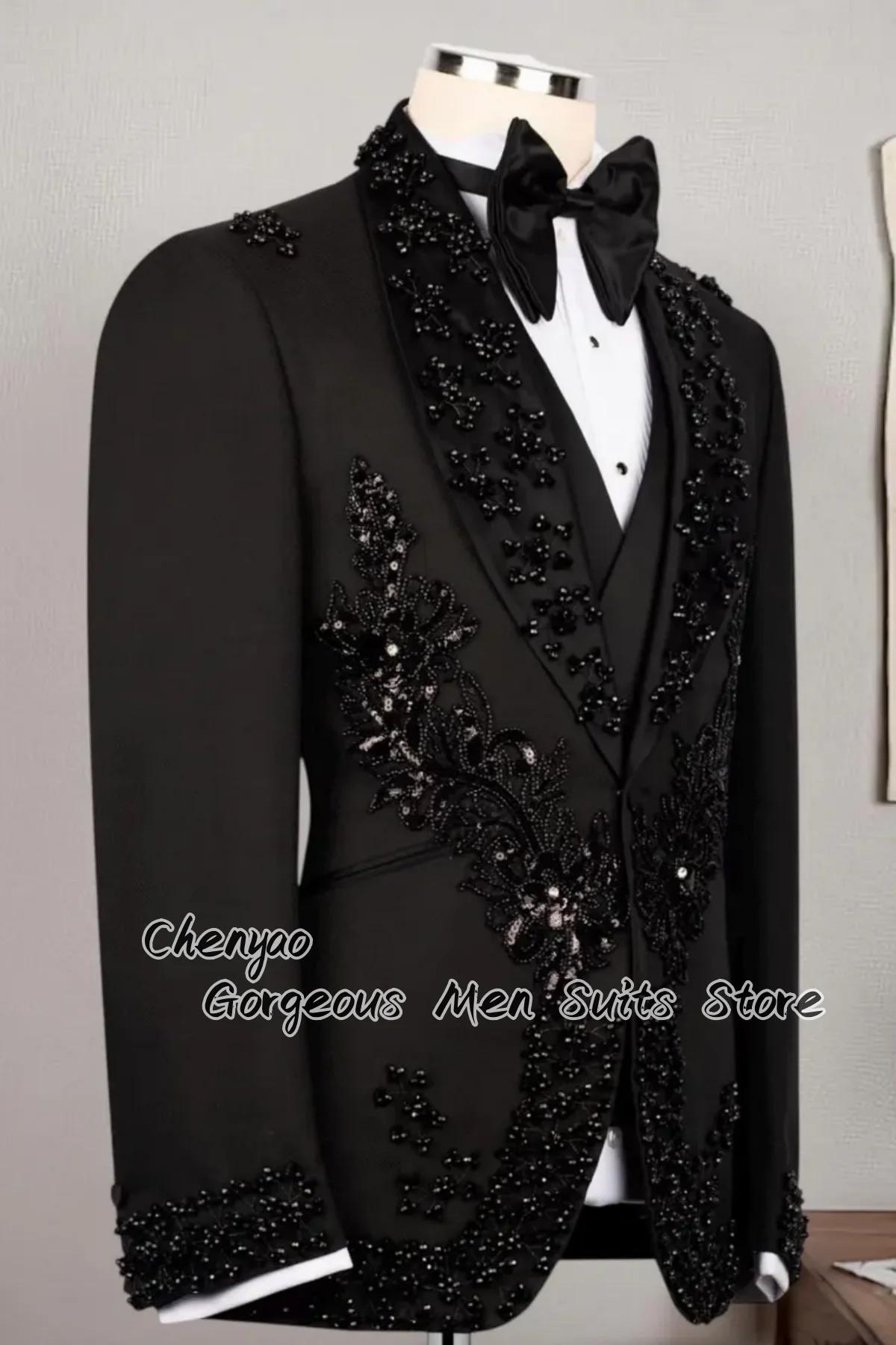 Costumes pour hommes de luxe ornés de strass et de perles, ensembles 3 pièces, sur mesure, pour mari