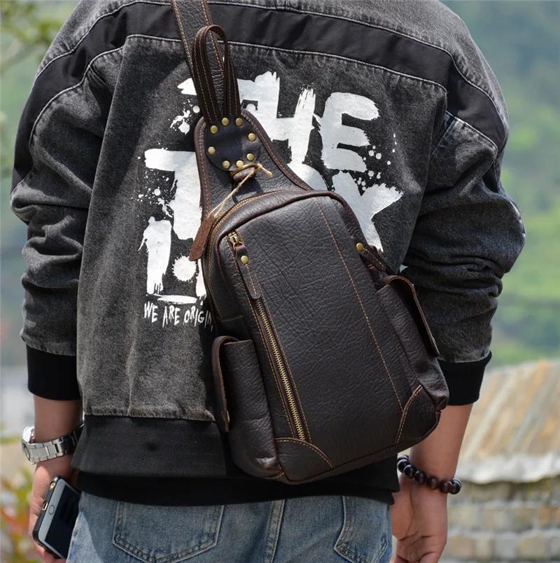 PNDME – sac de poitrine rétro en cuir véritable pour hommes, sac à bandoulière multifonctionnel en c