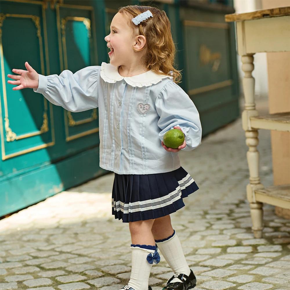 Dave Bella enfants demi jupe ensemble automne printemps filles dentelle col haut jupe plissée deux p