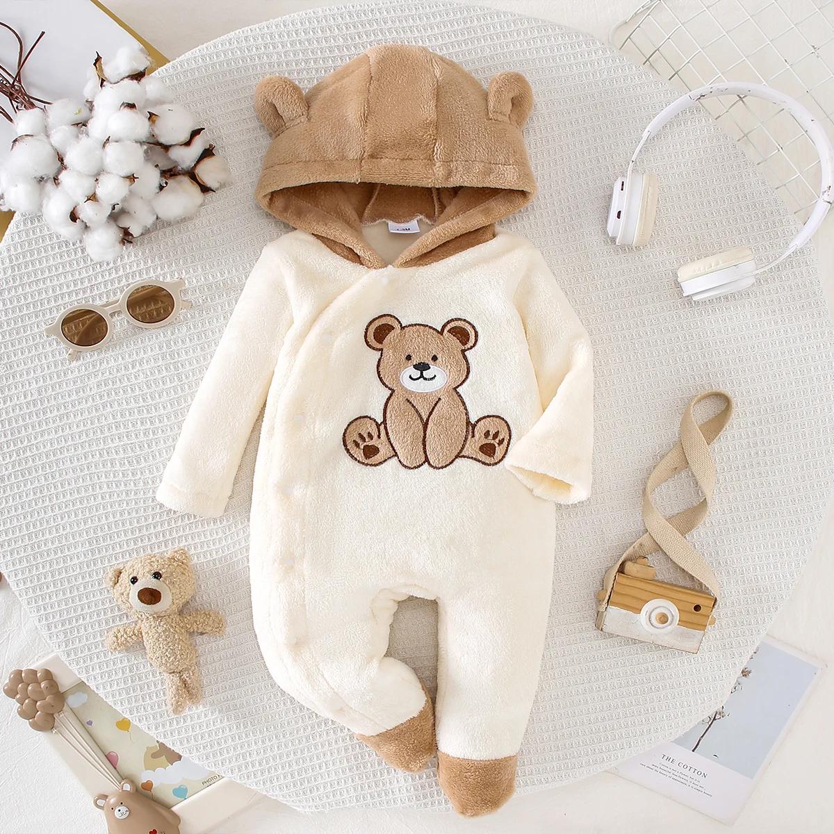 Automne hiver bébé ours Onesie avec chapeau tissu en peluche doux chaud mignon coussin chauffant ave