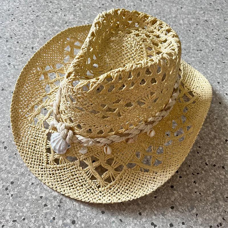 Chapeau de paille tissé à la main pour femmes, 1 pièce, décoration de coquille, chapeau de soleil de