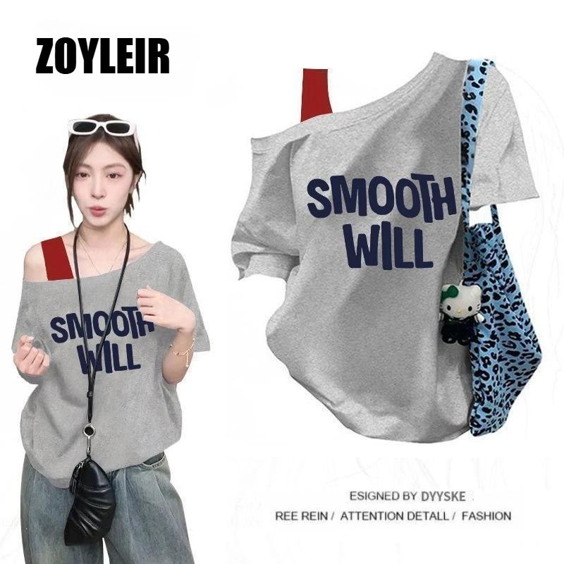 T-shirt élégant d'été asymétrique pour femme, faux deux-pièces, oversize, à motif graphique, manches