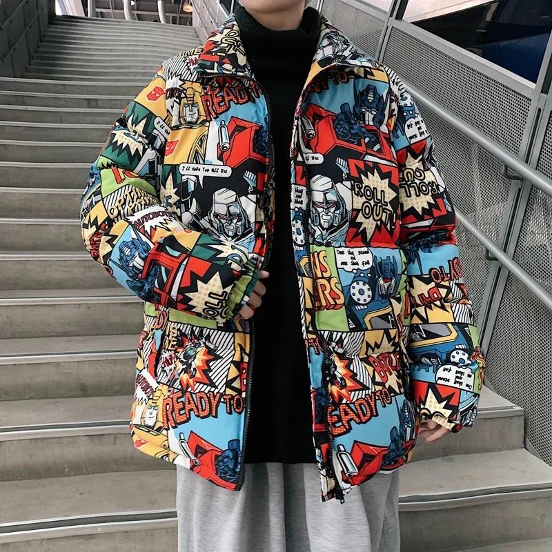 Hip Hop Graffiti dessin animé imprimé Parkas manteaux hommes Streetwear Harajuku hommes hiver épais 