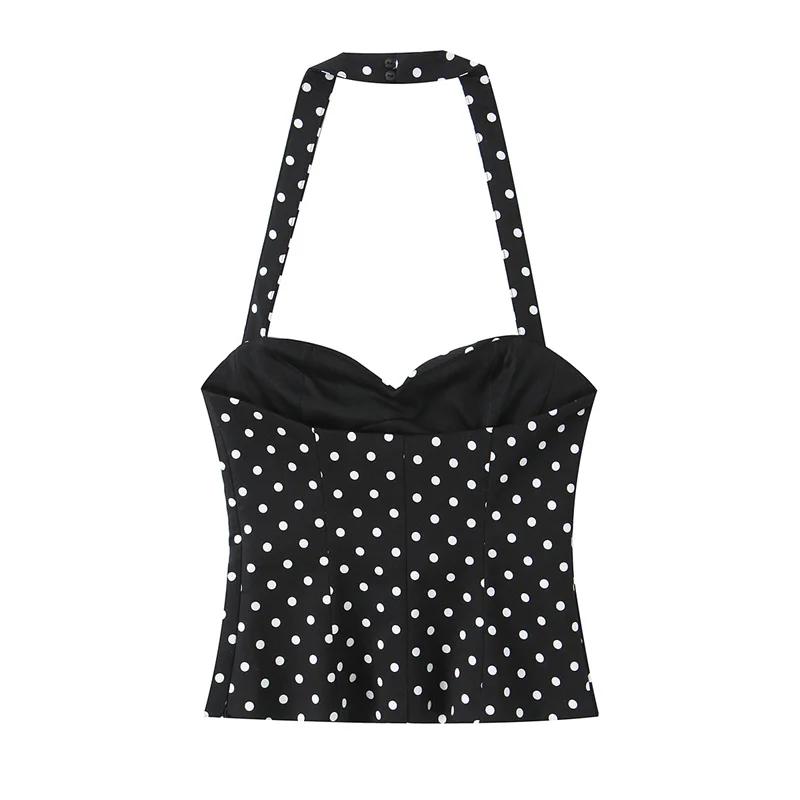 Haut pour femme, nouveau style été 2026, couleur unie, décor à pois, col halter, haut sexy, style va