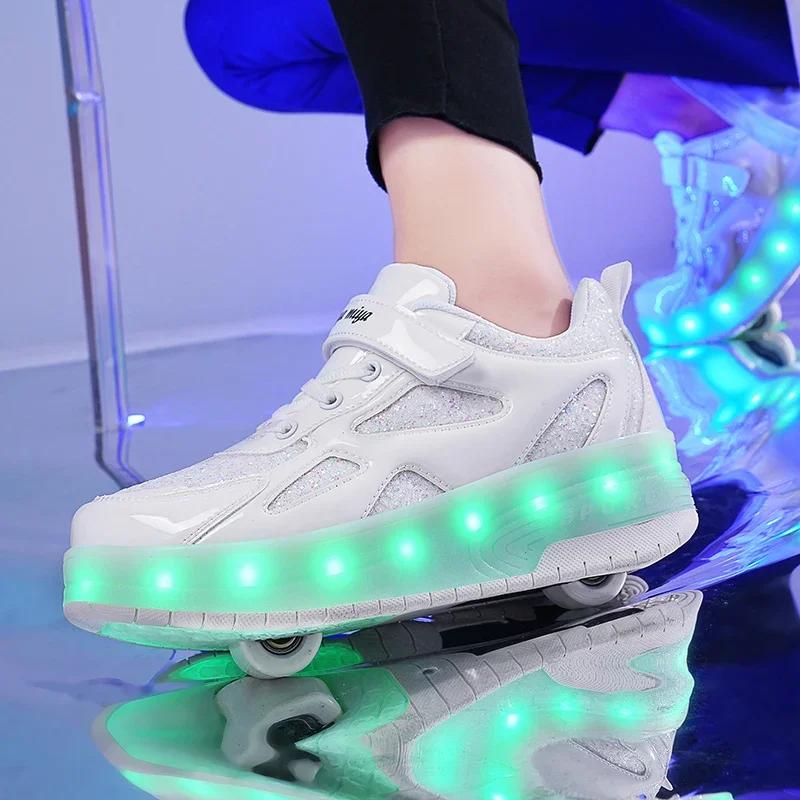 Baskets pour enfants hommes filles patins à roulettes patins à glace à roues lumière LED rose enfant